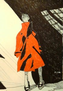 "Le manteau rouge", dessin au feutre sur papier épais, 15cmx21cm, Véronique Cohu