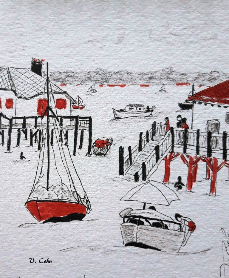 "Cabanes tchanquées", dessin au feutre sur papier épais, 15 cm x 21 cm, Véronique Cohu