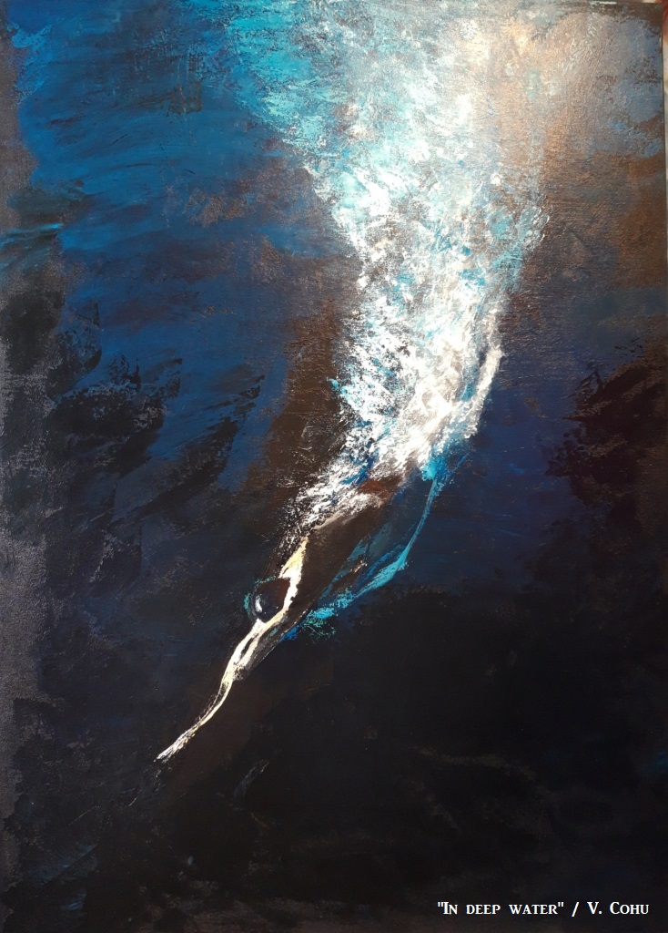 "In deep water", acrylique au couteau, 115x 80 cm, par Véronique Cohu