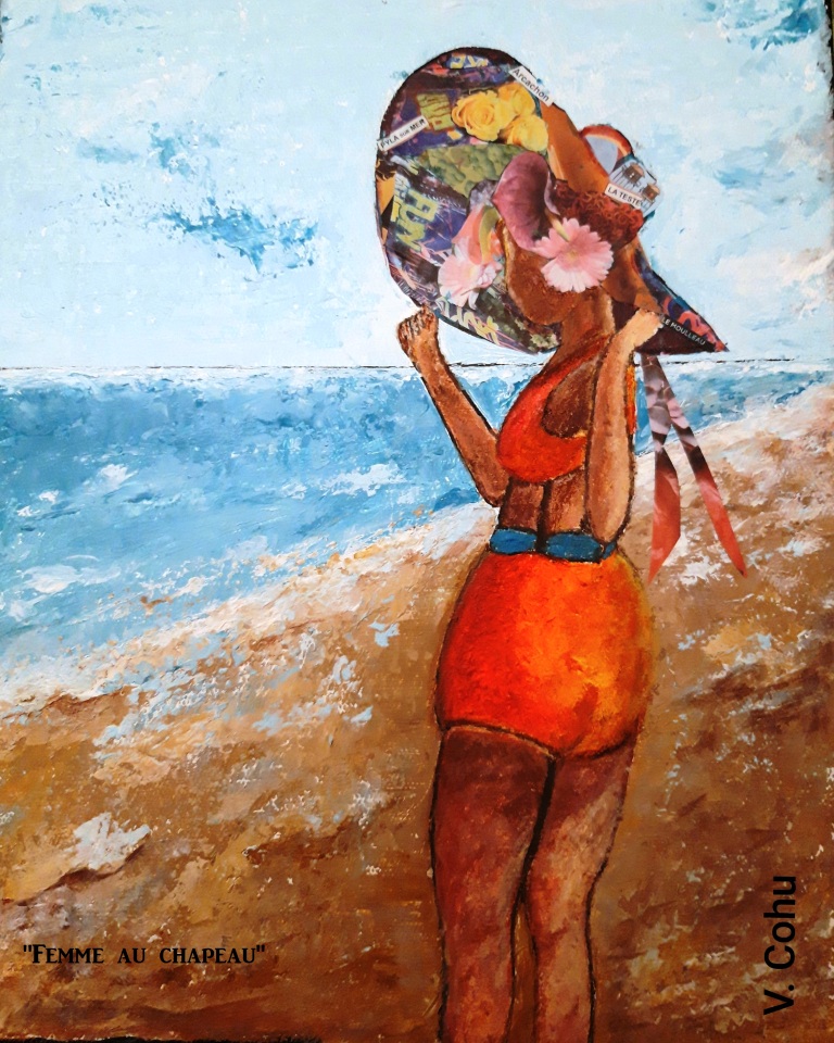"Femme au chapeau", techniques mixtes, 50cm x 40 cm, Véronique Cohu