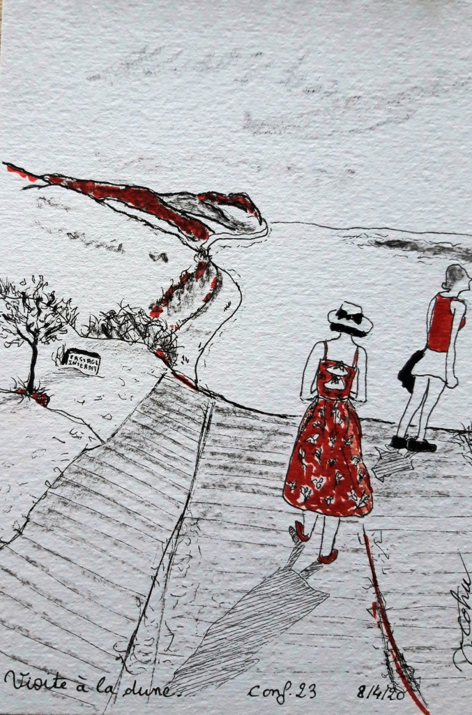 "Visite à la dune", dessin au feutre sur papier épais, 15 cm x 21 cm, Véronique Cohu